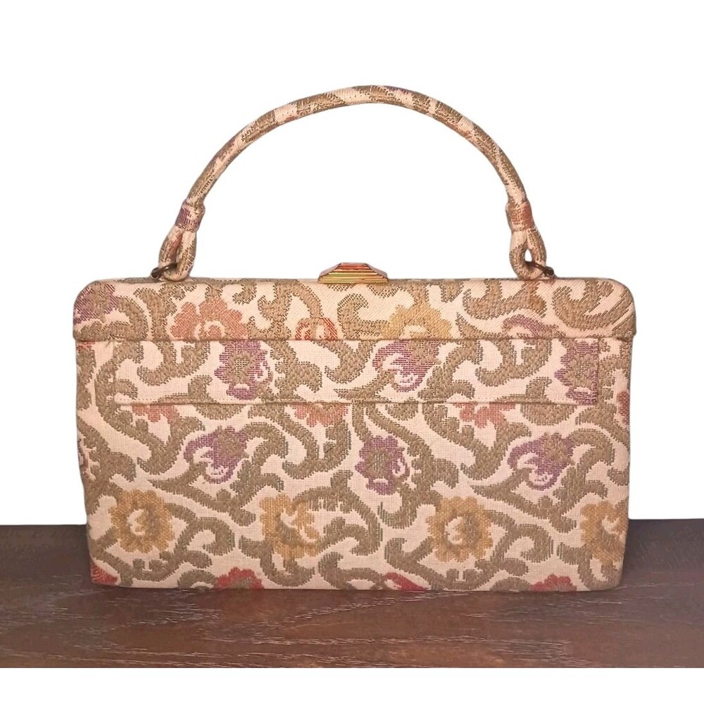 Vintage Crown Lewis Tapestry Purse Cream Floral Top Handle Bag Mid Century MCM